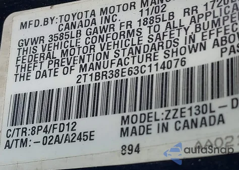 2003 Toyota Corolla S from USA, damaged, VIN 2T1BR38E63C114076